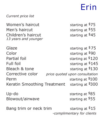 Erin's pricelist