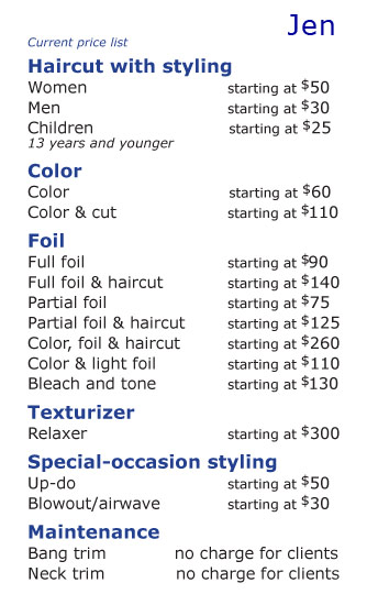 Jen's pricelist